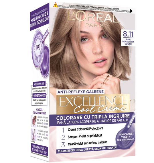 Vopsea de par permanenta Excellence Cool Creme 8.11 Blond Deschis Ultra-Cenusiu, 192ml, L`Oreal Paris
