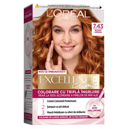 Vopsea de par permanenta Excellence Creme 7.43 Blond Aramiu, 192ml, L`Oreal Paris