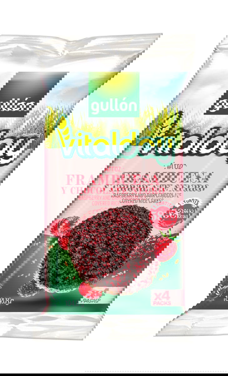 Orez expandat fara gluten cu ciocolata neagra si zmeura Vitalday, 104.8g, Gullon