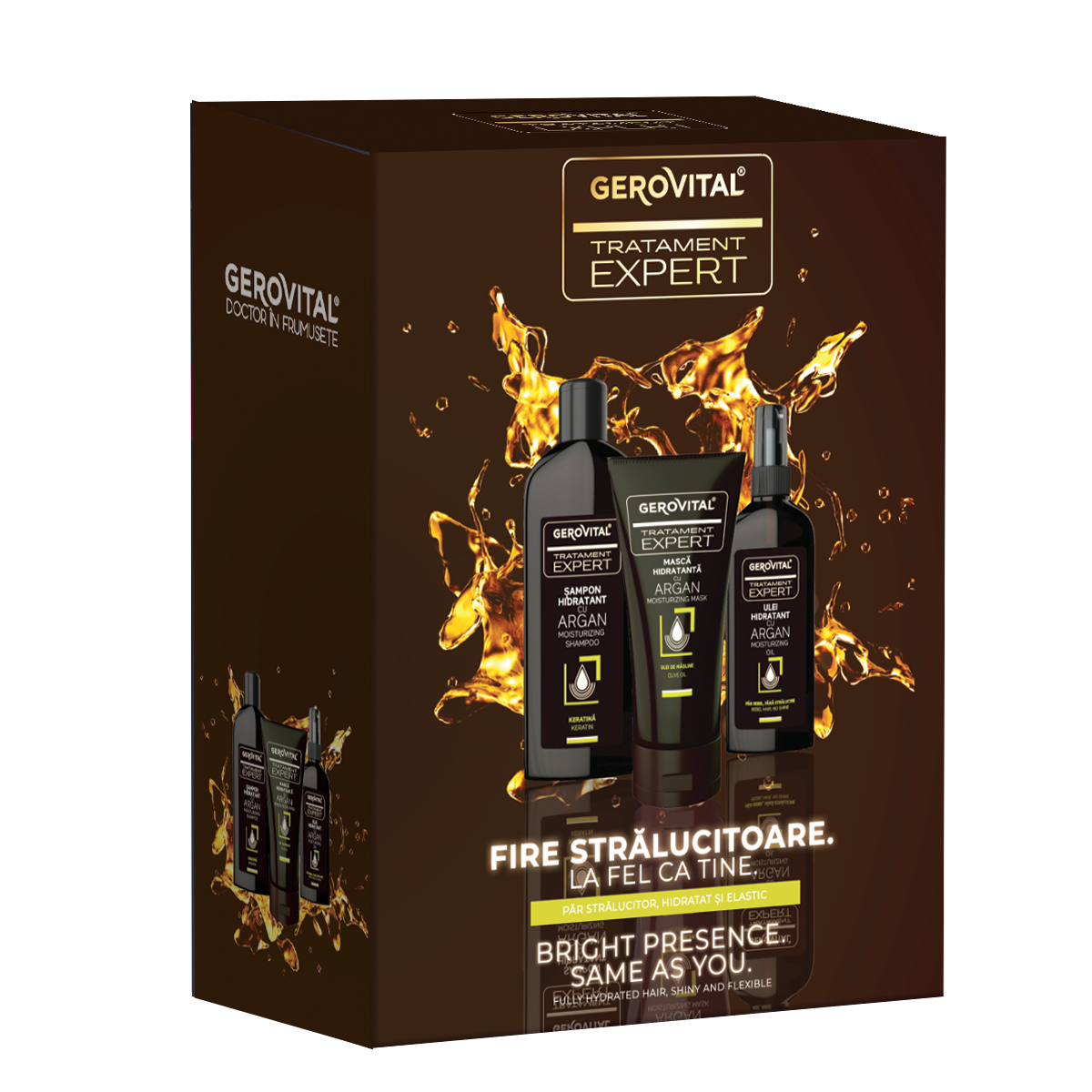 Pachet Sampon hidratant cu argan 250ml + Masca hidratanta cu argan 150ml + Ulei hidratant pentru par 100ml, Gerovital