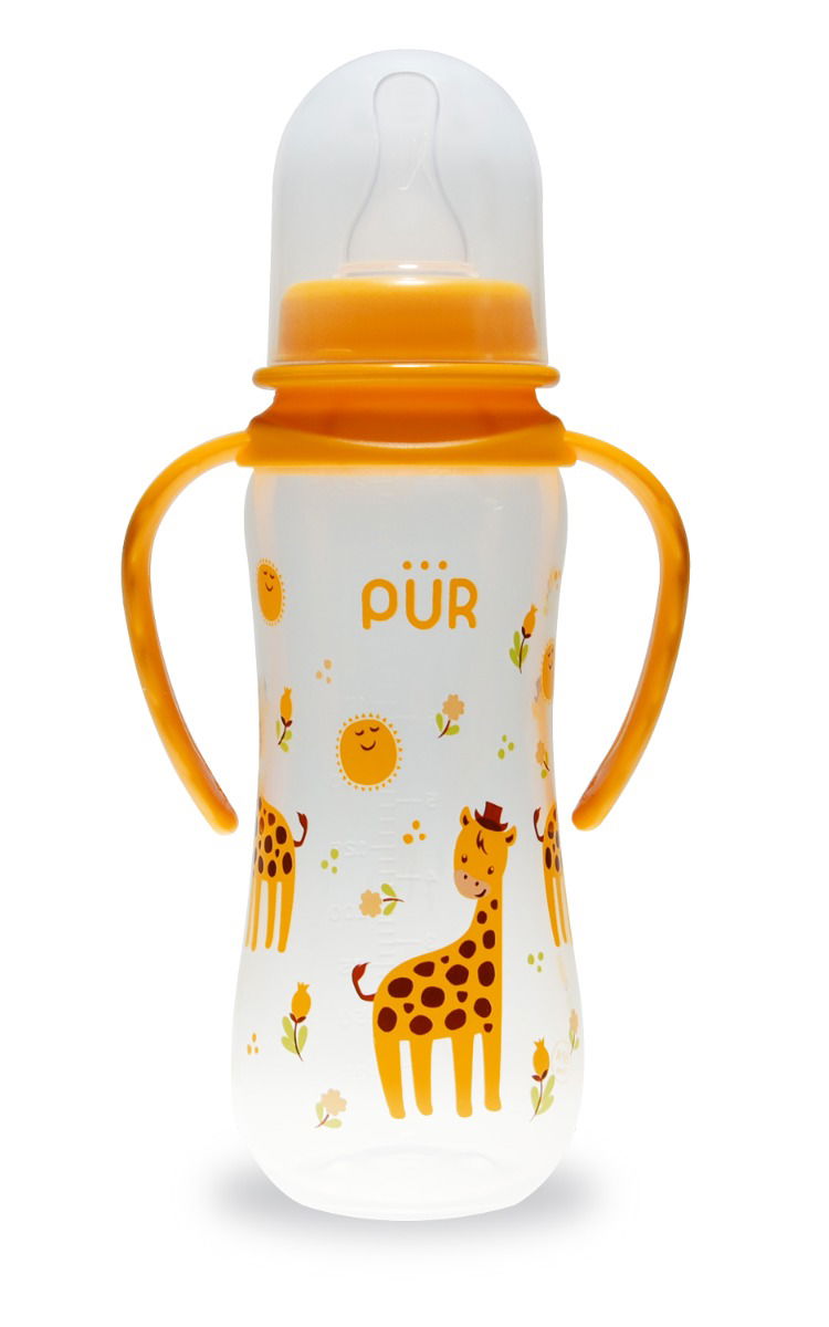 Biberon cu desen si manere galben +6 luni, 250ml, PUR