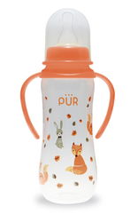 Biberon cu desen si manere piersica +6 luni, 250ml, PUR