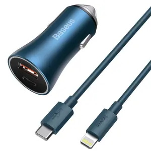 Incarcator Auto Baseus Golden Contactor Pro Dual TZCCJD-03, Quick Charger, 1 x USB, 1 x USB Type-C, 40W, 5A, cablu USB Type-c - Lightning inclus, 1m (Albastru)