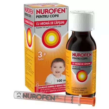 Nurofen 100 mg pentru copii 3+ luni, aromă de căpșuni, 100 ml, Reckitt Benckiser Healthcare