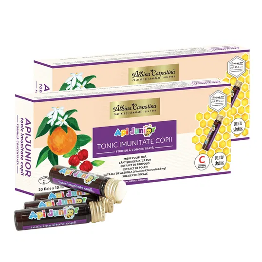 Pachet Tonic imunitate copii ApiJunior, 20 fiole + 10 fiole, Albina Carpatină