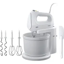 Mixer cu bol Braun HM1070WH, 400 W, 4 viteze, 3L, 2 palete, 2 carlige pentru aluat, spatula (Alb)