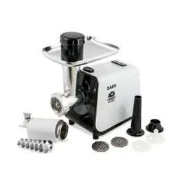 Masina de tocat carne Zass ZMG 13, Putere 1000W, Putere nominala 450W, Toaca aprox 1,1Kg/min, Accesoriu carnati, Accesoriu rosii, 3 discuri din inox (Alb/Negru)