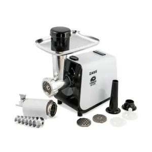 Masina de tocat carne Zass ZMG 13, Putere 1000W, Putere nominala 450W, Toaca aprox 1,1Kg/min, Accesoriu carnati, Accesoriu rosii, 3 discuri din inox (Alb/Negru)