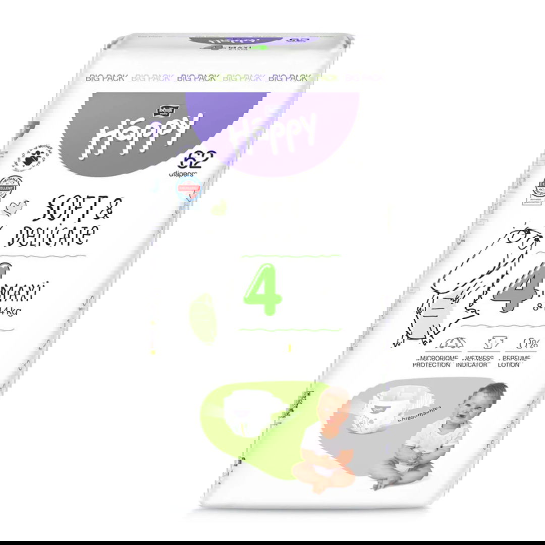 Scutece Happy Soft & Delicate 8-14 kg Maxi Marimea 4, 62 bucati, Bella Baby