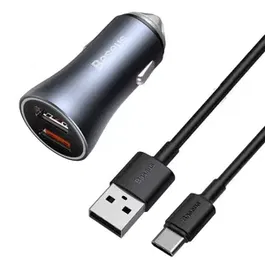 Incarcator auto Baseus, 2 x USB, 40 W, cablu USB-C, Gri