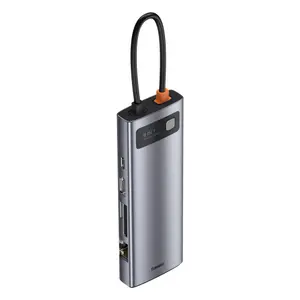 Docking Station Baseus Metal Gleam CAHUB-CU0G, USB 3.0 x 3, Card reader SD x 1, MicroSD x 1, USB Type C x 1 PD 100W, HDMI x 1, VGA x 1, RJ-45 Gigabit x 1 (Gri)