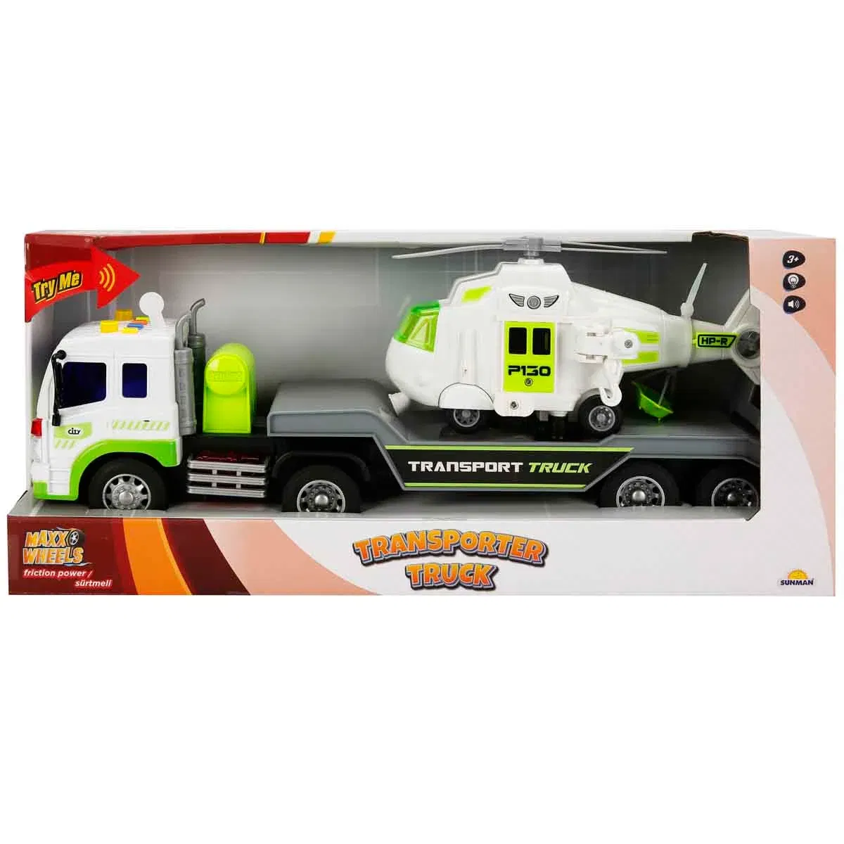 Set transportator cu elicopter, Maxx Wheels, Alb, 1:16
