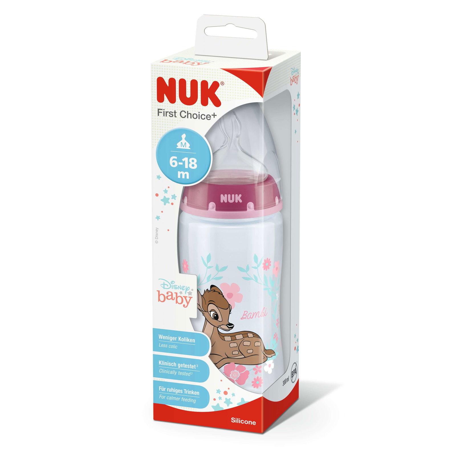 Biberon PP 300 ml + tetina din silicon, 6-18 luni, First Choice Disney Bambi, Nuk
