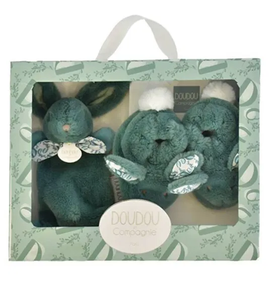 Set botosei si jucarie de plus, Doudou, Iepuras, Verde