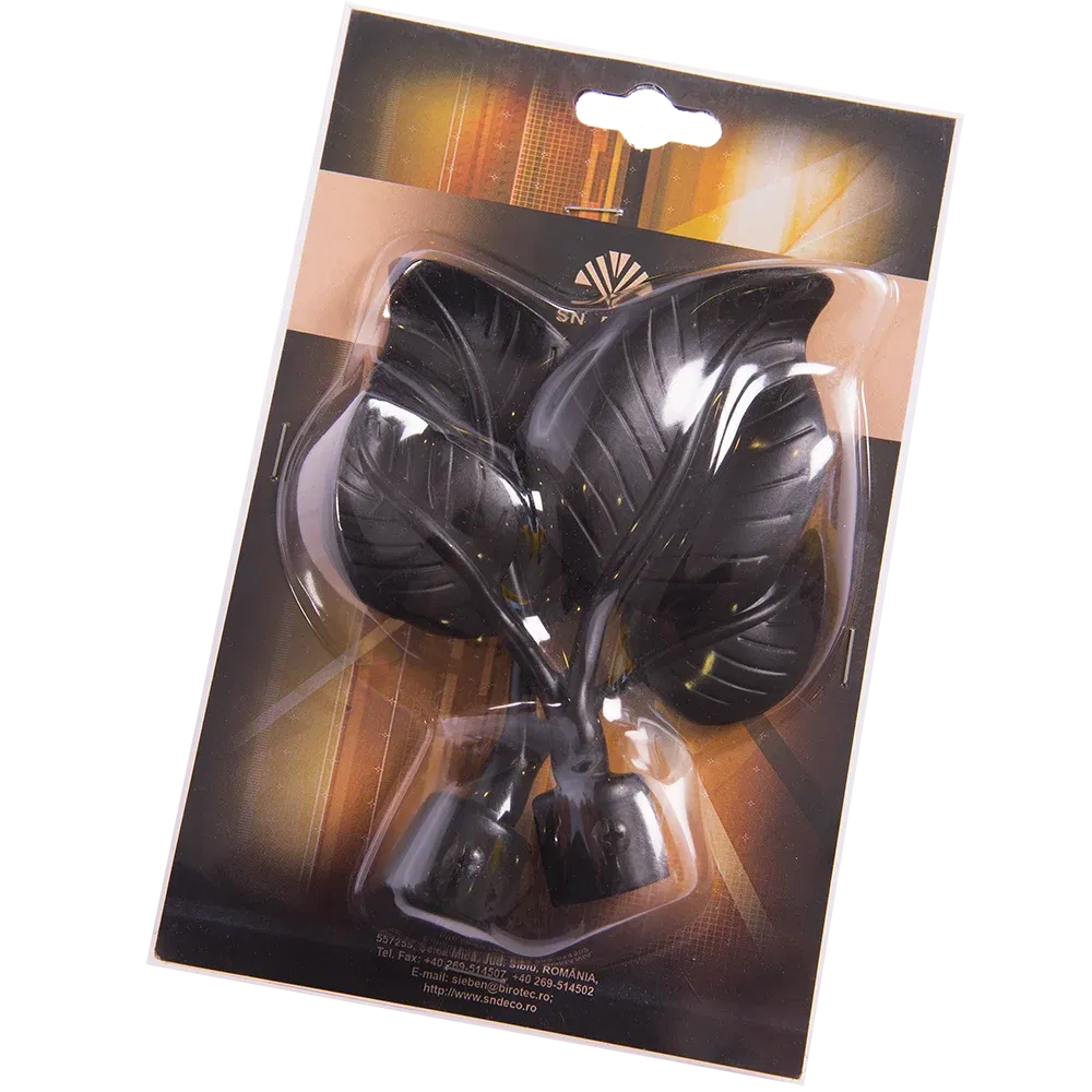 Set 2 capete pentru galerie metal forjat frunza negru, diametru 20 mm