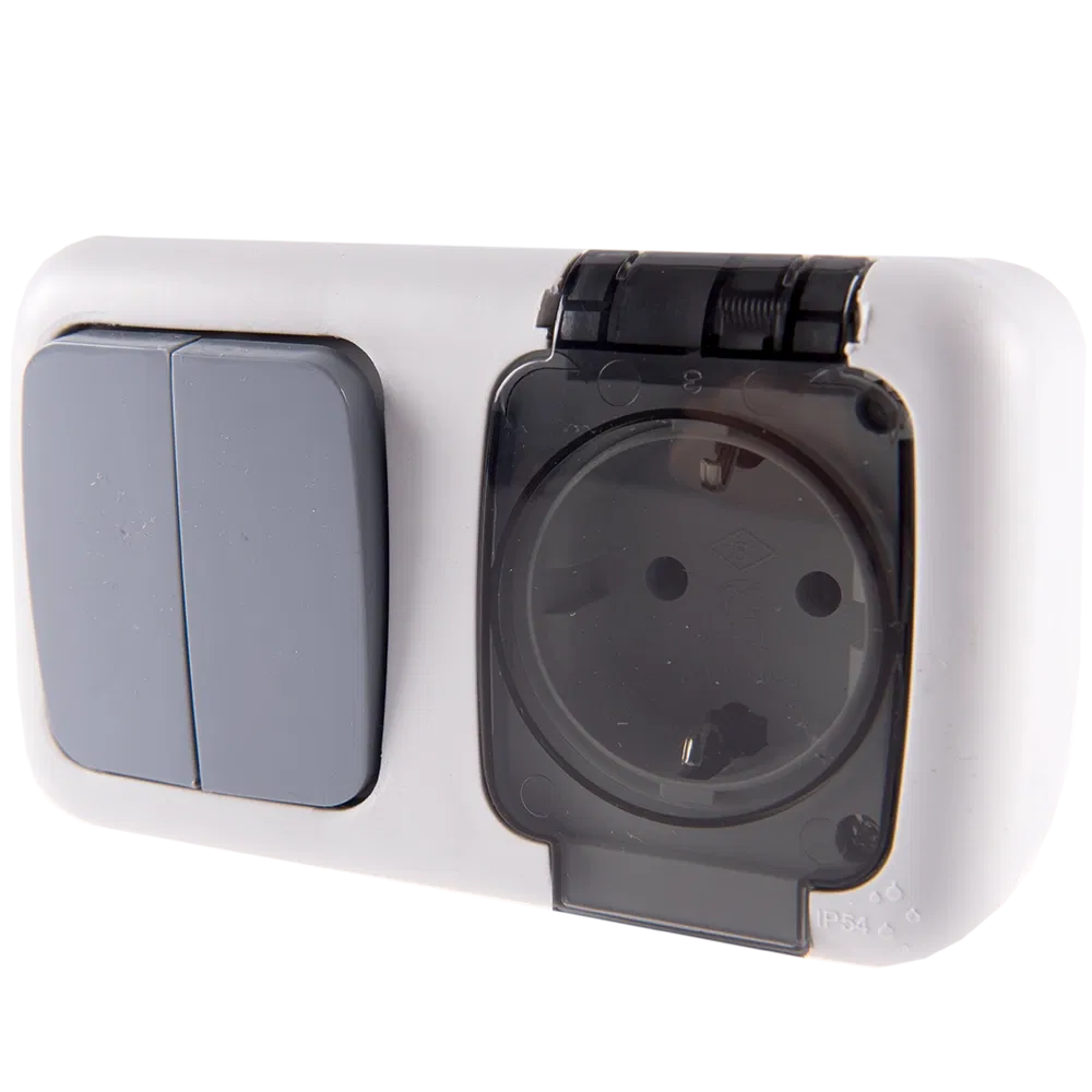 Intrerupator dublu + Priza Elegant, Comtec MF0012-85803, gri, montaj aparent, IP54