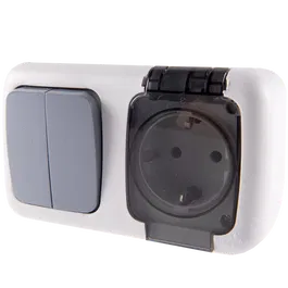 Intrerupator dublu + Priza Elegant, Comtec MF0012-85803, gri, montaj aparent, IP54