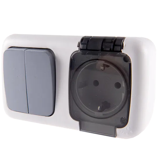 Intrerupator dublu + Priza Elegant, Comtec MF0012-85803, gri, montaj aparent, IP54