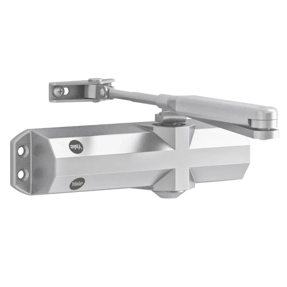 Amortizor cu brat hold-open rezistent la foc Yale, seria 4000, argintiu