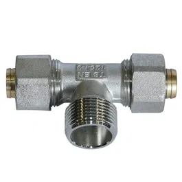 Teu pentru teava multistrat, alama, filet exterior, 20 mm x 3/4 inch x 20 mm, FE, alama, argintiu/auriu, 20 mm x 3/4 inch x 20 mm