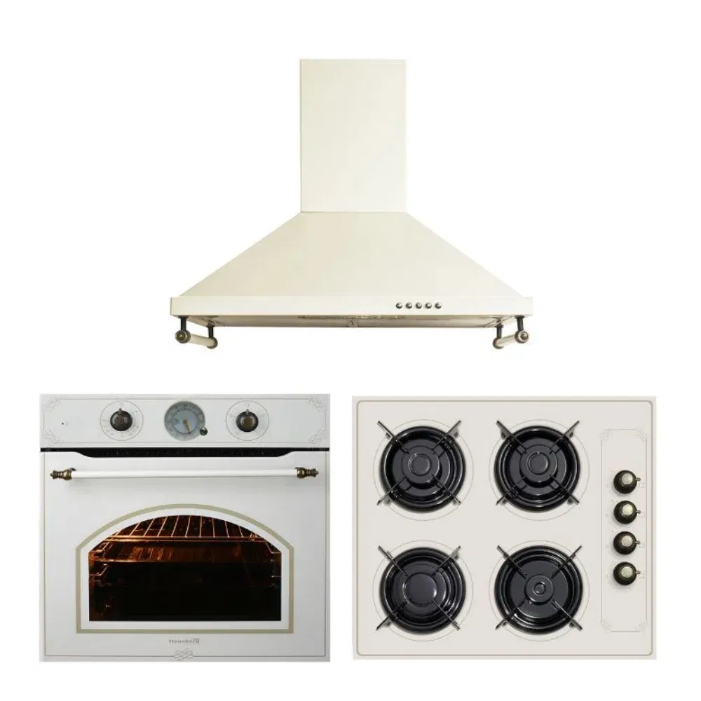 Set Hausberg Cuptor electric HB-8050, 1600 W, 57 l, Plita incorporabila gaz HB-570, gaz, 60W, 4 arzatoare, sticla, bej rustic si Hota decorativa HB-1500, 1 motor, 140 W, 450 m³/h, 60 cm