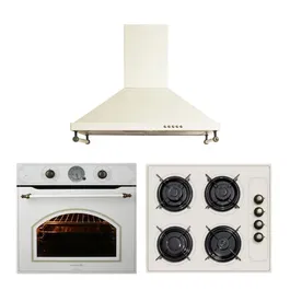 Set Hausberg Cuptor electric HB-8050, 1600 W, 57 l, Plita incorporabila gaz HB-570, gaz, 60W, 4 arzatoare, sticla, bej rustic si Hota decorativa HB-1500, 1 motor, 140 W, 450 m³/h, 60 cm