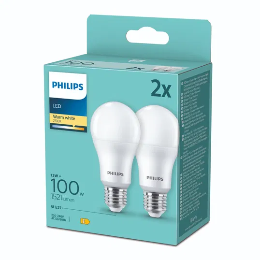 Set 2 x Bec LED Philips, standard, E27, 1521 lm, lumina calda 3000 K