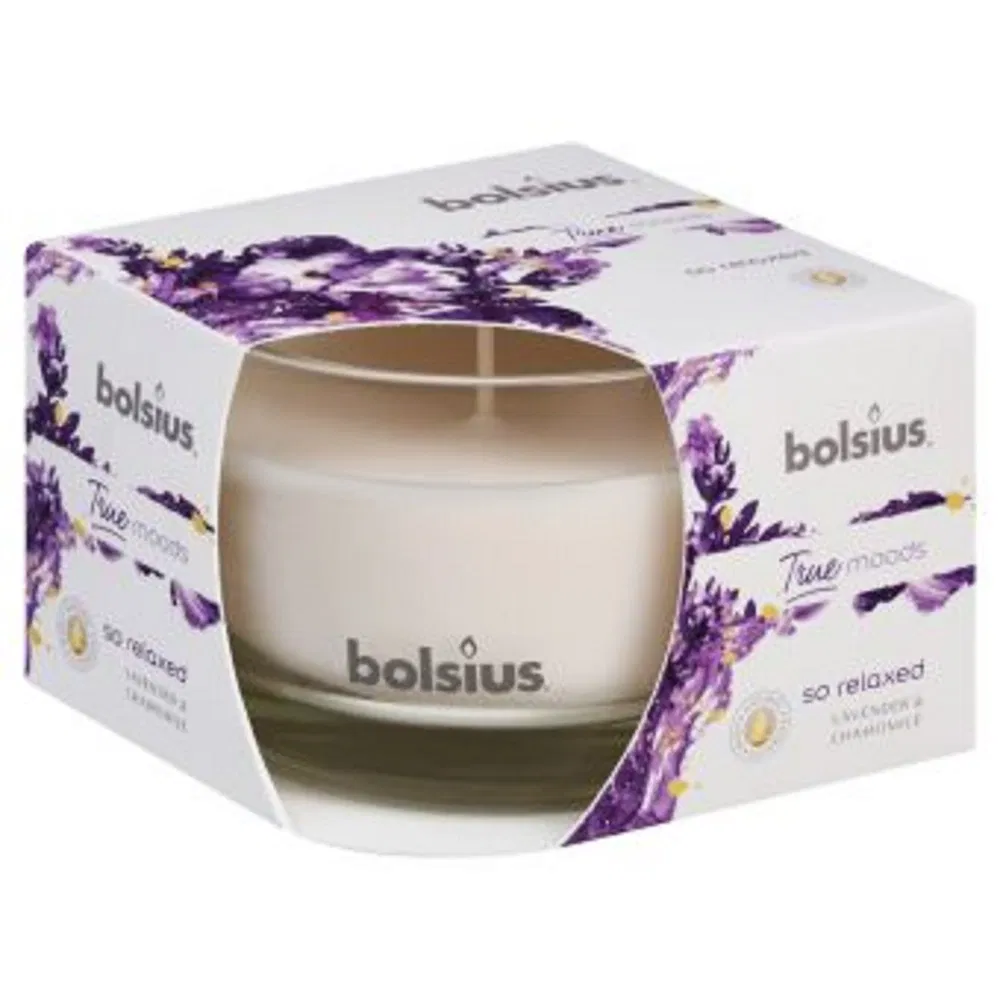 Lumanare parfumata Bolsius True Moods So Relaxed, alb, lavanda si musetel, 63 x 90 mm