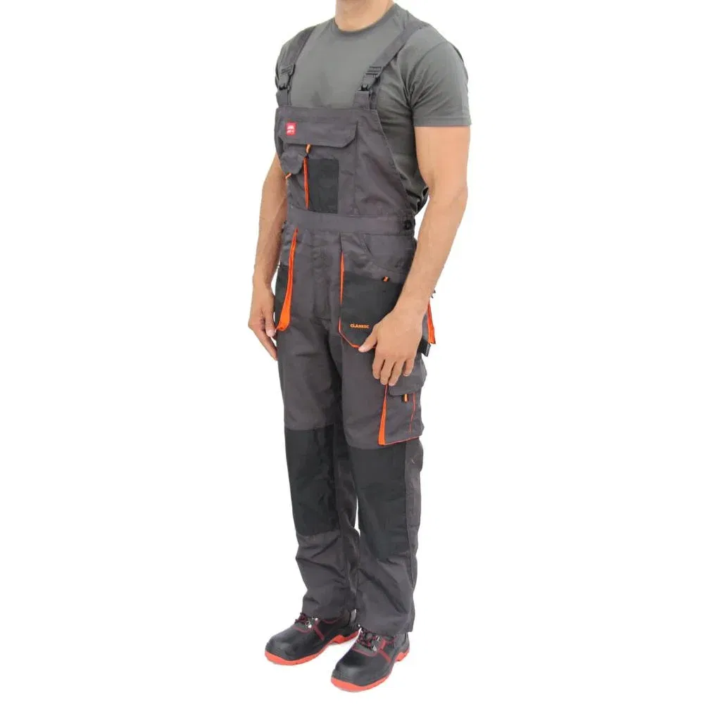 Pantaloni de protectie cu pieptar, tercot, toate sezoanele, gri cu negru, marimea 44