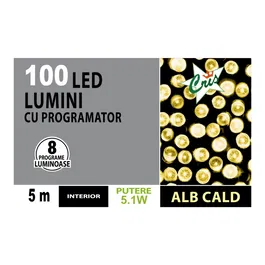 Instalatie brad Craciun Cris, 100 LED-uri alb cald, 5 m, programator, interior, alimentare cu acumulator