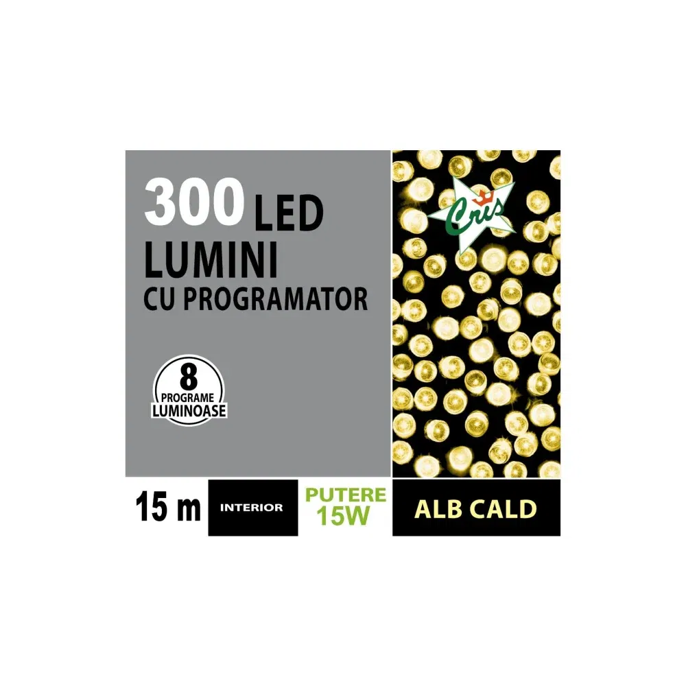 Instalatie brad Craciun Cris, 300 LED-uri alb cald, 15 m, programator, interior, alimentare acumulator