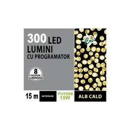 Instalatie brad Craciun Cris, 300 LED-uri alb cald, 15 m, programator, interior, alimentare acumulator
