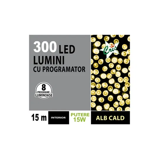 Instalatie brad Craciun Cris, 300 LED-uri alb cald, 15 m, programator, interior, alimentare acumulator