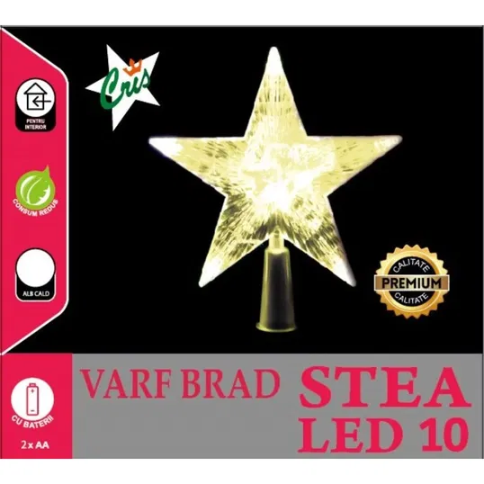 Varf pentru bradul de Craciun Cris, stea, 10 LED-uri, alb, cald, 16 cm, interior, alimentare baterii