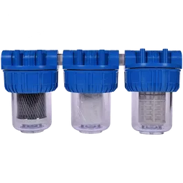 Filtru triplex de apa, carbune + polipropilena + sita, 5 cu 3/4 in linie