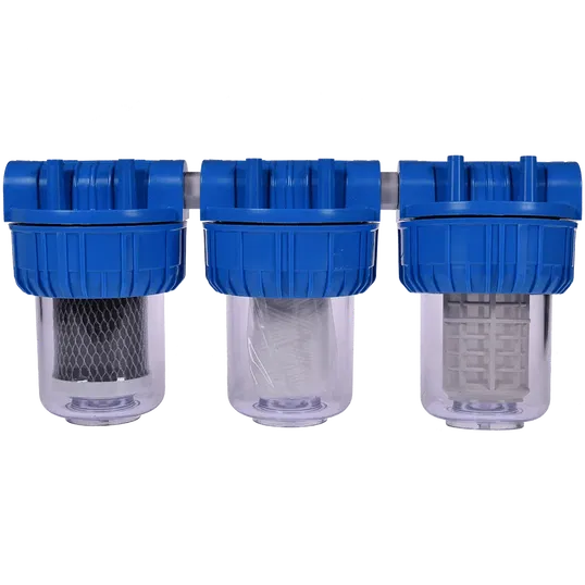 Filtru triplex de apa, carbune + polipropilena + sita, 5 cu 3/4 in linie