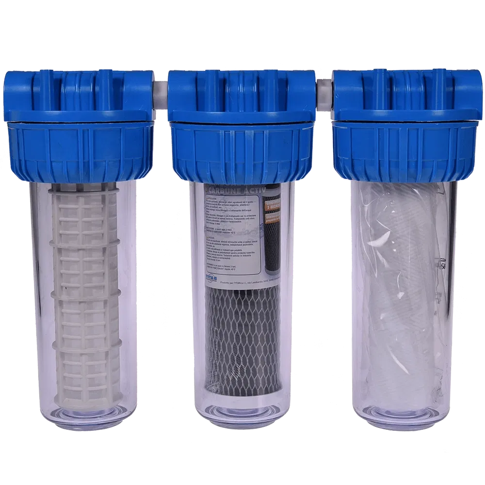 Filtru triplex de apa, carbune + polipropilena + sita, 10 cu 3/4 in linie