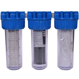 Filtru triplex de apa, carbune + polipropilena + sita, 10 cu 3/4 in linie