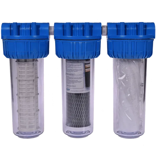 Filtru triplex de apa, carbune + polipropilena + sita, 10 cu 3/4 in linie