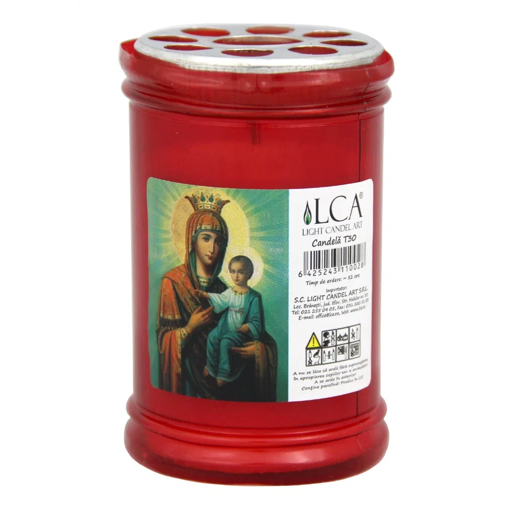 Candela cu capac T30, rosu, 6 x 10 cm