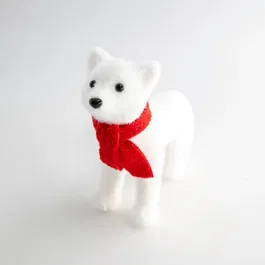 Decoratiune iarna catel cu fular, alb si rosu, 11.5 cm