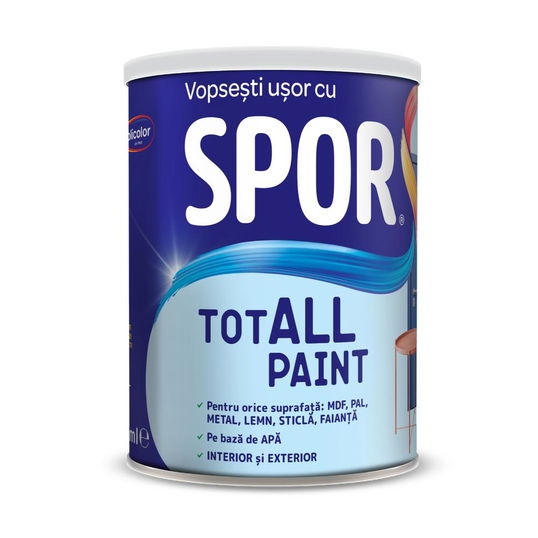Vopsea pentru lemn/metal/sticla Spor Totall Paint, pe baza de apa, interior/exterior, atlantic, 0.6 l