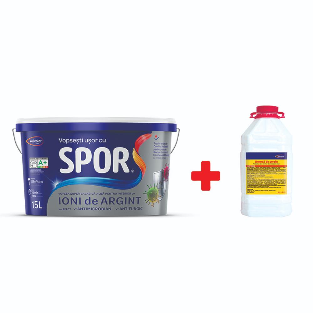 Vopsea superlavabila interior Spor, cu ioni de argint, alb, 15 l + amorsa 5 l