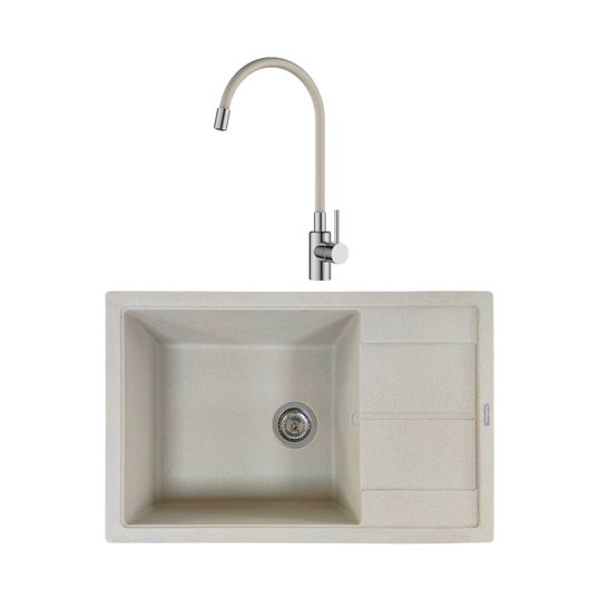 Chiuveta de bucatarie SanDonna Iness, granit compozit, bej cu baterie flexibila Sandonna Lola, bej, 78 x 50 cm