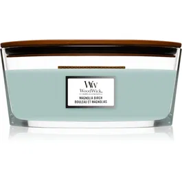 Woodwick Magnolia Birch lumânare parfumată cu fitil din lemn (hearthwick) 453,6 g