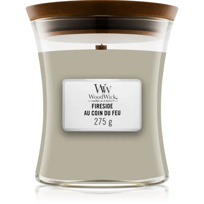 Woodwick Fireside Au Coin Du Feu lumânare parfumată cu fitil din lemn 275 g